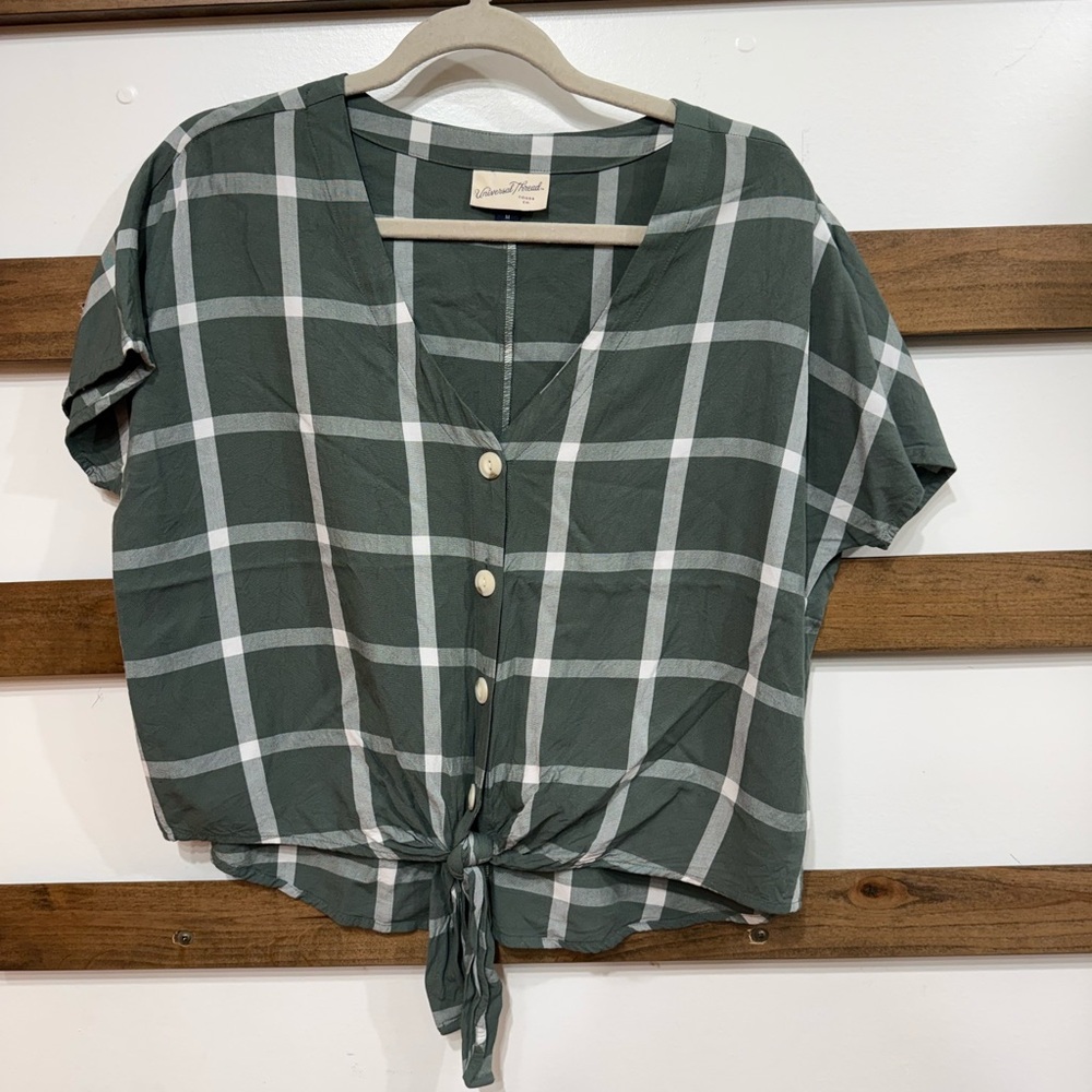 Universal Thread Olive Plaid Tie-Front Blouse